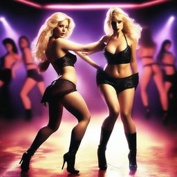 This is a high-quality, photorealistic image that showcases two enticing women in a lively dance club