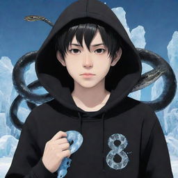 Anime-style boy dressed in a black hoodie, adorned with a 'Rep T.V.' print, confidently clasping a snake transmuted entirely into ice.