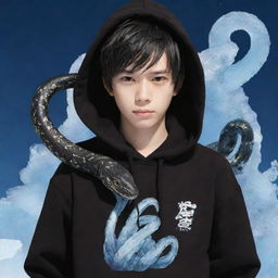 Anime-style boy dressed in a black hoodie, adorned with a 'Rep T.V.' print, confidently clasping a snake transmuted entirely into ice.