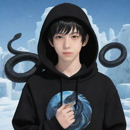 Anime-style boy dressed in a black hoodie, adorned with a 'Rep T.V.' print, confidently clasping a snake transmuted entirely into ice.