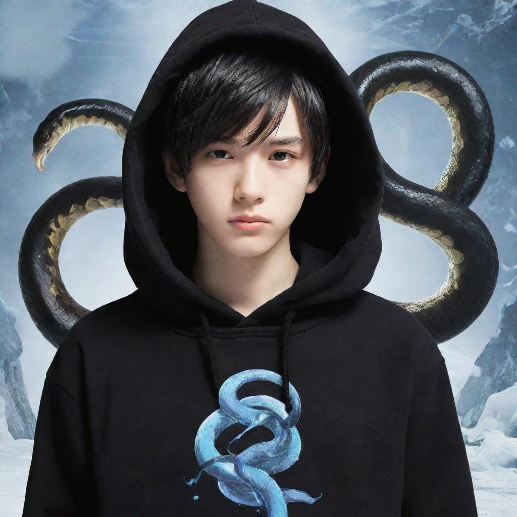 Anime-style boy dressed in a black hoodie, adorned with a 'Rep T.V.' print, confidently clasping a snake transmuted entirely into ice.