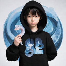 A anime-style boy dressed in a black hoodie, with a 'Rep T.V.' print on the front, holding a snake crafted completely of ice.