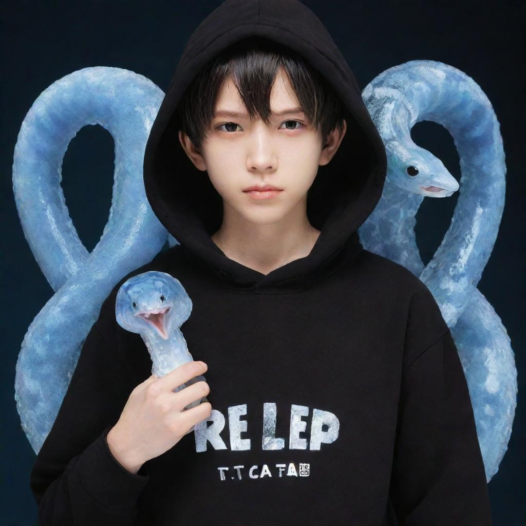 A anime-style boy dressed in a black hoodie, with a 'Rep T.V.' print on the front, holding a snake crafted completely of ice.