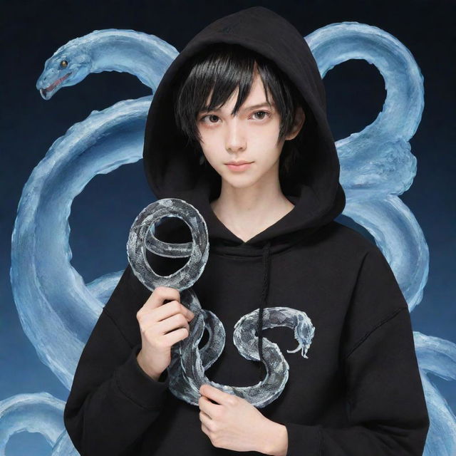 A anime-style boy dressed in a black hoodie, with a 'Rep T.V.' print on the front, holding a snake crafted completely of ice.