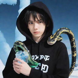 A anime-style boy dressed in a black hoodie, with a 'Rep T.V.' print on the front, holding a snake crafted completely of ice.