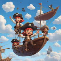 Friendly pirate characters commanding flying pirate ships across a sky dotted with fluffy clouds.