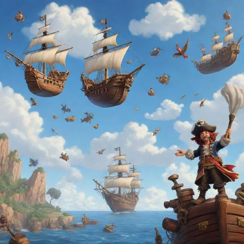 Friendly pirate characters commanding flying pirate ships across a sky dotted with fluffy clouds.