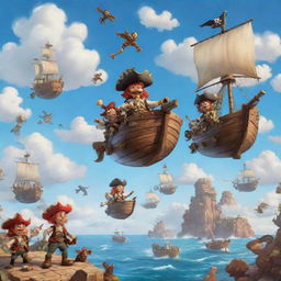 Friendly pirate characters commanding flying pirate ships across a sky dotted with fluffy clouds.