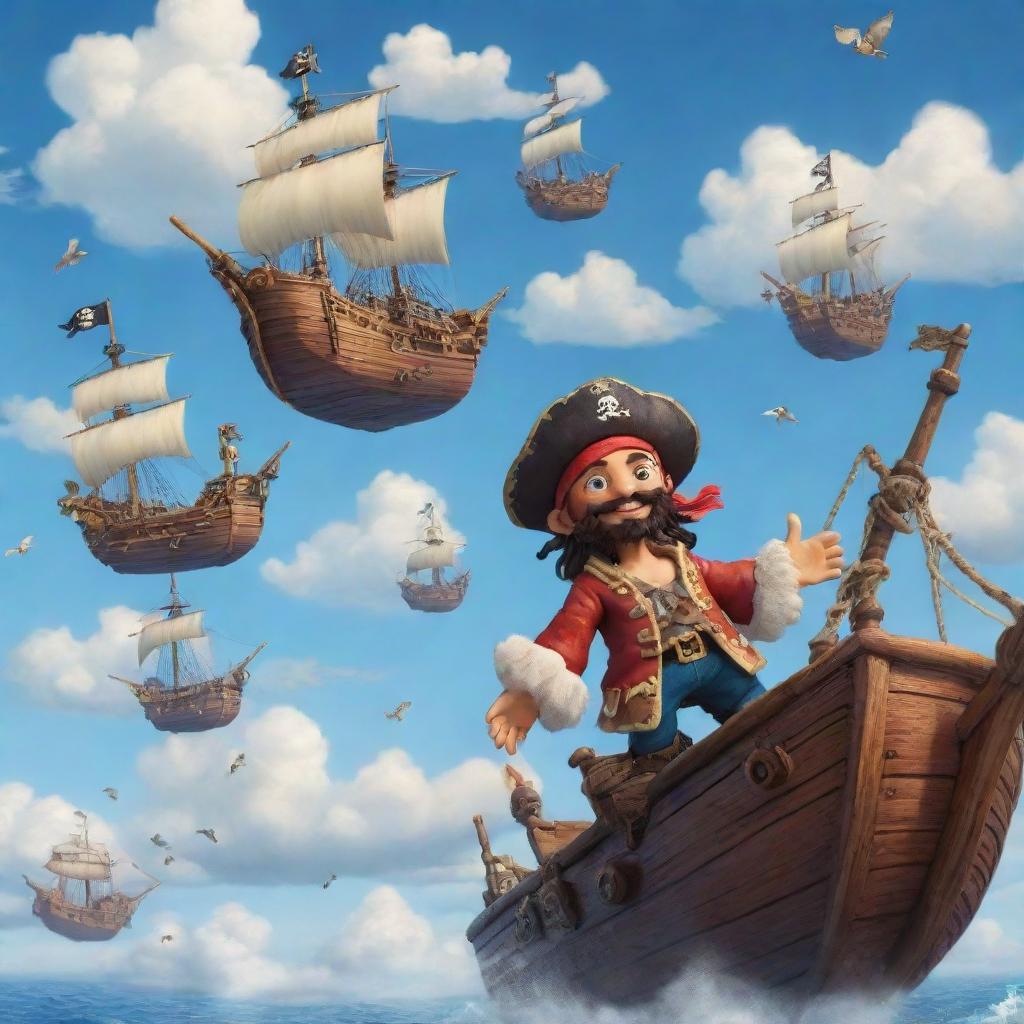 Friendly pirate characters commanding flying pirate ships across a sky dotted with fluffy clouds.