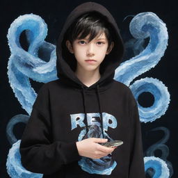 Anime character, a boy attired in a black hoodie showcasing a 'Rep T.V.' print, securely holding a snake embodying the form of crystalline ice.