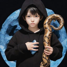 Anime character, a boy attired in a black hoodie showcasing a 'Rep T.V.' print, securely holding a snake embodying the form of crystalline ice.