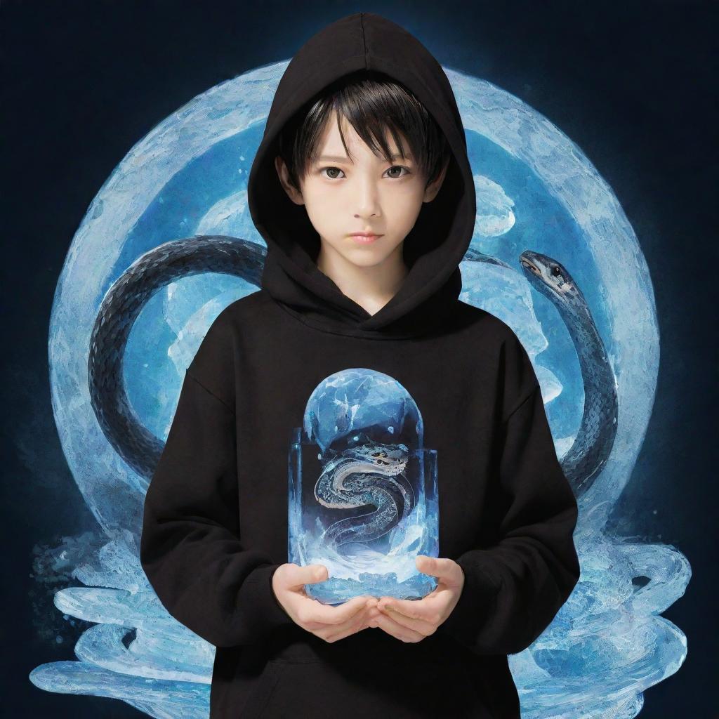 Anime character, a boy attired in a black hoodie showcasing a 'Rep T.V.' print, securely holding a snake embodying the form of crystalline ice.