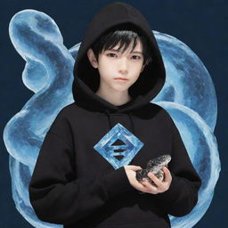 Anime character, a boy attired in a black hoodie showcasing a 'Rep T.V.' print, securely holding a snake embodying the form of crystalline ice.