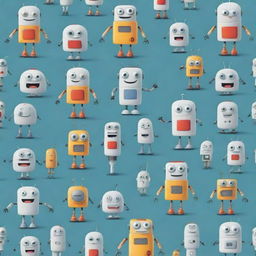 Adorable cartoonish robots exhibiting a variety of emotional expressions, with bright, friendly smiles being the most prominent.