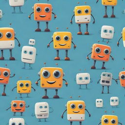 Adorable cartoonish robots exhibiting a variety of emotional expressions, with bright, friendly smiles being the most prominent.