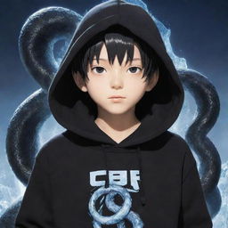 Anime-styled boy character donned in a black hoodie displaying a 'Rep T.V.' motif, gripping a snake that's formed entirely out of glistening ice.