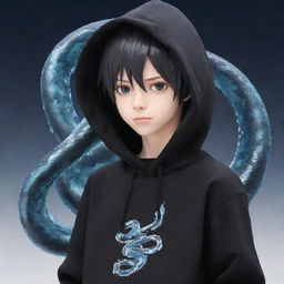 Anime-styled boy character donned in a black hoodie displaying a 'Rep T.V.' motif, gripping a snake that's formed entirely out of glistening ice.