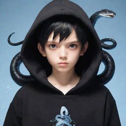 Anime-styled boy character donned in a black hoodie displaying a 'Rep T.V.' motif, gripping a snake that's formed entirely out of glistening ice.