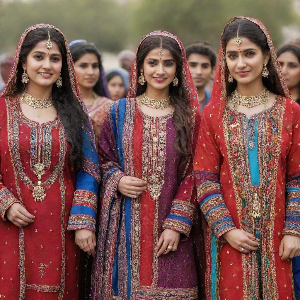 People dressed in traditional Sindhi attire, showcasing vibrant colors and intricate embroidery.