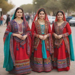 People dressed in traditional Sindhi attire, showcasing vibrant colors and intricate embroidery.