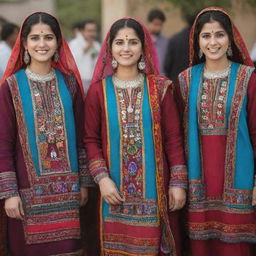 People dressed in traditional Sindhi attire, showcasing vibrant colors and intricate embroidery.