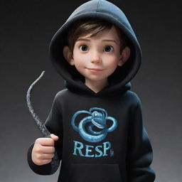 Disney-style animated boy character dressed in a black hoodie bearing a 'Rep T.V.' logo, gently grasping a sinuous snake constructed entirely from ice.