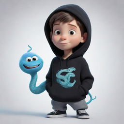 Disney-style animated boy character dressed in a black hoodie bearing a 'Rep T.V.' logo, gently grasping a sinuous snake constructed entirely from ice.