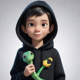 Disney-style animated portrayal of a boy dressed in a black hoodie with a 'Rep T.V.' print, tenderly holding a snake made entirely of ice.