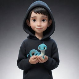 Disney-style animated portrayal of a boy dressed in a black hoodie with a 'Rep T.V.' print, tenderly holding a snake made entirely of ice.