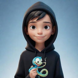 Disney-style animated portrayal of a boy dressed in a black hoodie with a 'Rep T.V.' print, tenderly holding a snake made entirely of ice.