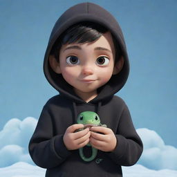 Disney-style animated portrayal of a boy dressed in a black hoodie with a 'Rep T.V.' print, tenderly holding a snake made entirely of ice.