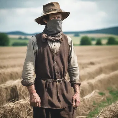 The villein wore a simple and tattered outfit while working in the fields.