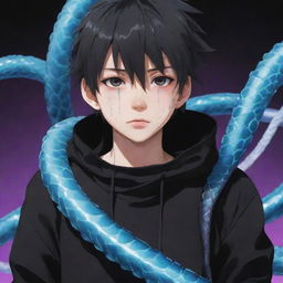 Anime boy wearing black clothing, with a vibrant ice snake wound around him