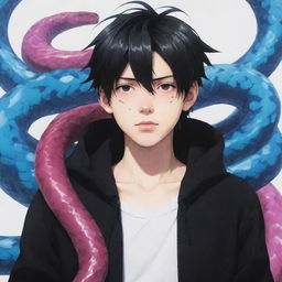 Anime boy wearing black clothing, with a vibrant ice snake wound around him