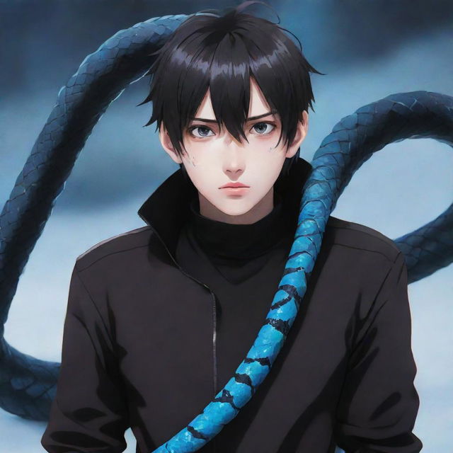 Anime boy wearing black clothing, with a vibrant ice snake wound around him