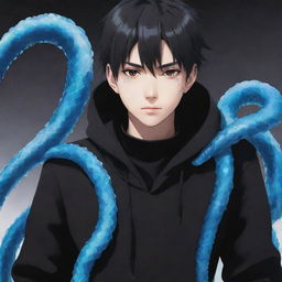 Anime boy wearing black clothing, with a vibrant ice snake wound around him