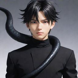 A dynamic anime boy with jet black clothes, featuring an elegant ice snake coiled around his neck