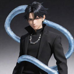 A dynamic anime boy with jet black clothes, featuring an elegant ice snake coiled around his neck