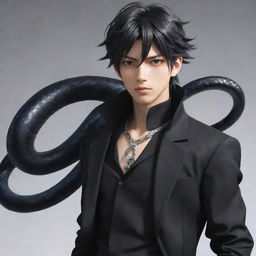 A dynamic anime boy with jet black clothes, featuring an elegant ice snake coiled around his neck