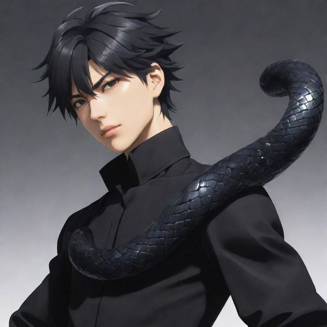 A dynamic anime boy with jet black clothes, featuring an elegant ice snake coiled around his neck