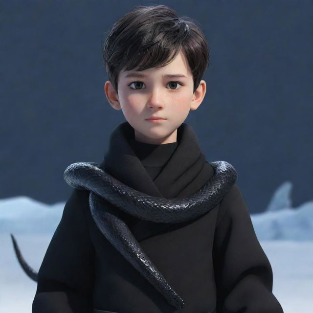 An animated boy dressed in black, with a striking ice snake casually draped around his neck.