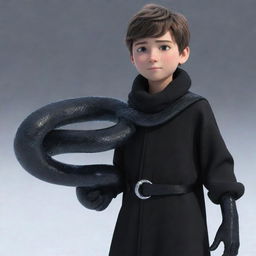 An animated boy dressed in black, with a striking ice snake casually draped around his neck.