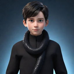 An animated boy dressed in black, with a striking ice snake casually draped around his neck.