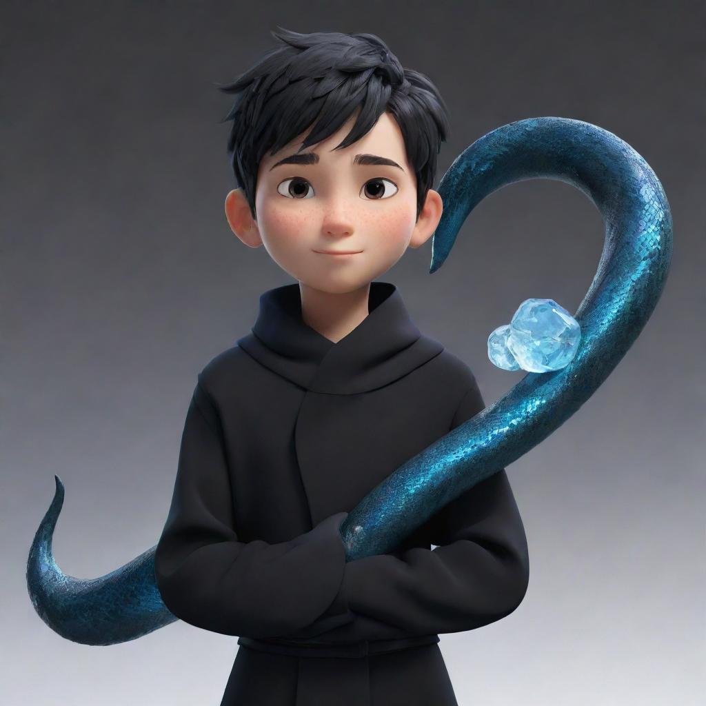 An animated boy dressed in black, with a striking ice snake casually draped around his neck.