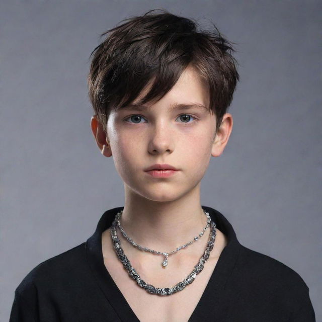 An animated boy donned in aesthetically pleasing black attire, accentuated with a unique necklace made of a crystalline ice snake