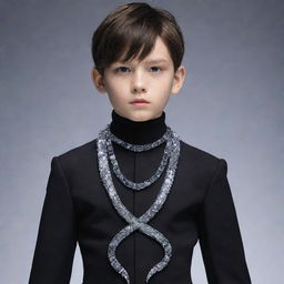 An animated boy donned in aesthetically pleasing black attire, accentuated with a unique necklace made of a crystalline ice snake