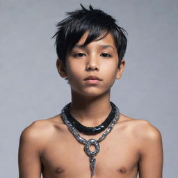 An animated boy donned in aesthetically pleasing black attire, accentuated with a unique necklace made of a crystalline ice snake