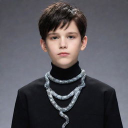 An animated boy donned in aesthetically pleasing black attire, accentuated with a unique necklace made of a crystalline ice snake