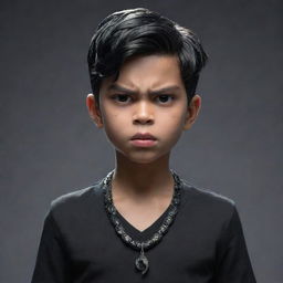 An angry animated boy, dressed in sleek black attire, showcasing a unique necklace made of an iced snake with its sense of drama and intensity.