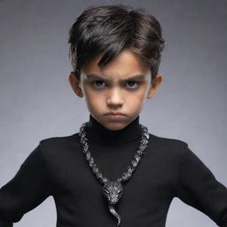 An angry animated boy, dressed in sleek black attire, showcasing a unique necklace made of an iced snake with its sense of drama and intensity.